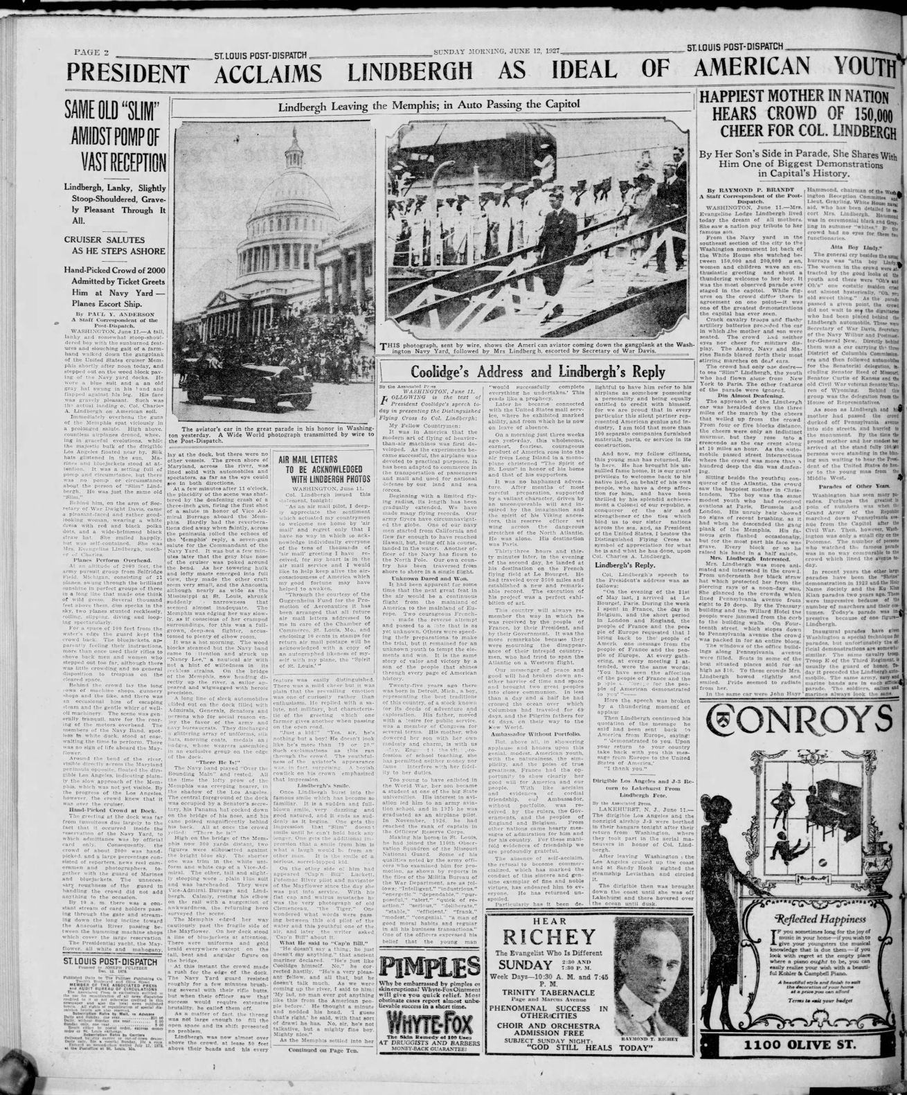 June 12, 1927 - President Acclaims Linberg as the ideal American Youth